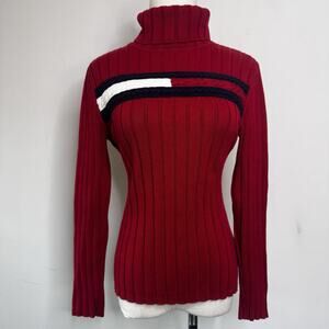 Vintage Y2K TOMMY HILFIGER Jeans Color Block Ribbed Turtleneck Sweater Preppy S